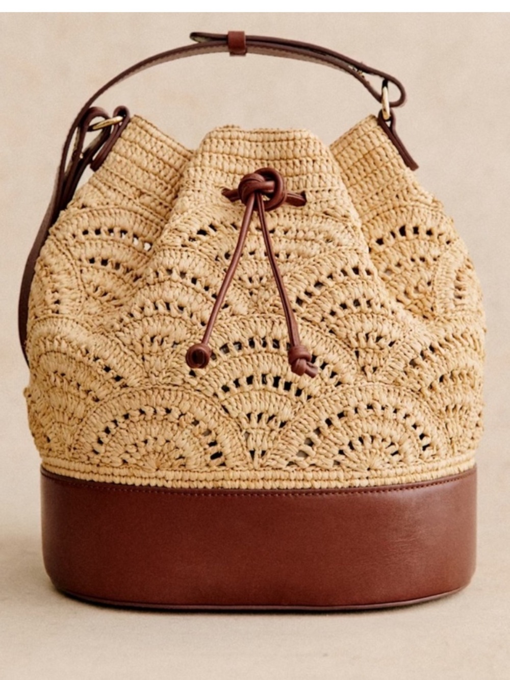 Sezane Alma raffia bucket bag Straw and Brown Leather drawstring
